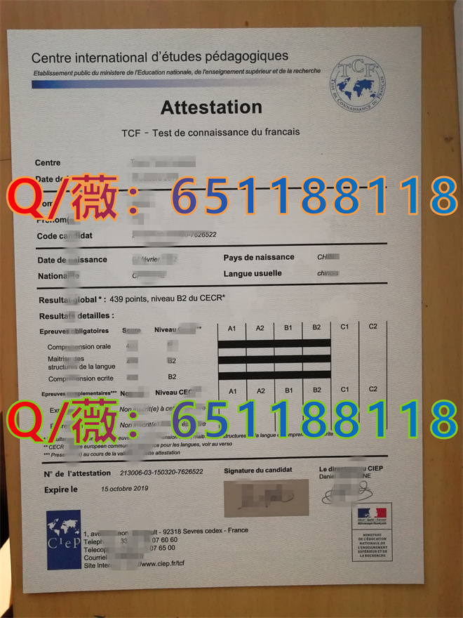 TCF证书样本|Test de Connaissance du Français证书